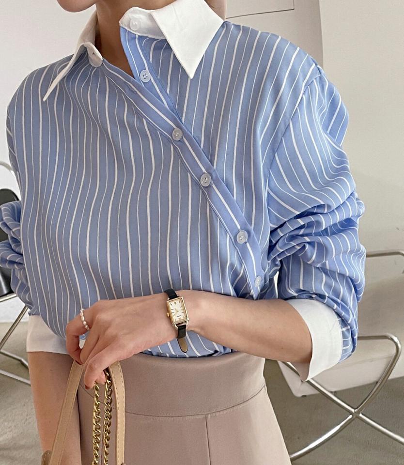 ダイアゴナルボタンストライプシャツ・全3色・t66849 レディース 【bl】 韓国ファッション トップス シャツ 長袖 シャツカラー ダイアゴナルボタン ストラップシャツ オーバーサイズ ユニーク デイリー モード オフィスルック カジュアル 春 秋