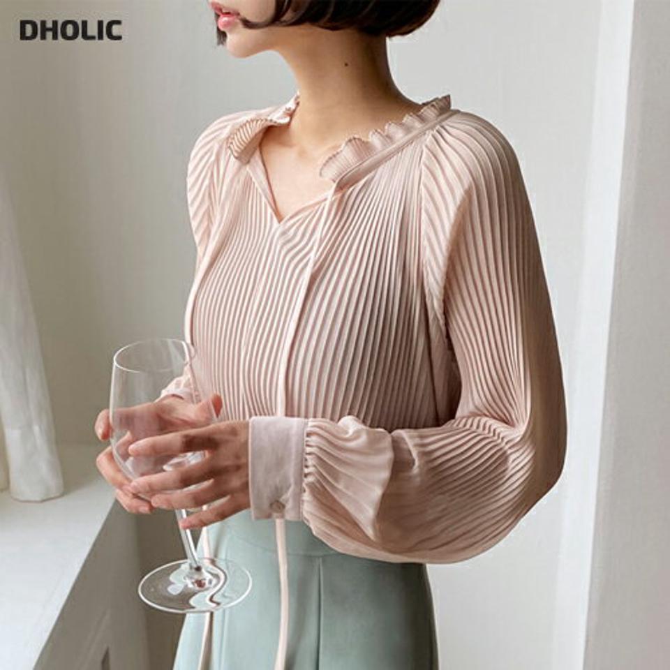 ネックリボンプリーツブラウス・全2色・b66866 レディース 【bl】 韓国ファッション トップス ブラウス ネックリボン 長袖 プリーツブラウス ナチュラルライン フレア 透け感 ユニークブラウス デイリー オフィスルック カジュアル カジュアル 春 秋