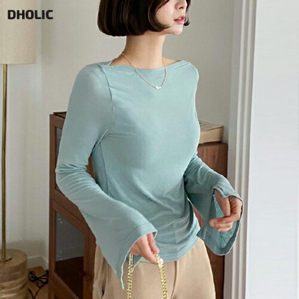ボートネックスリットフレアスリーブTシャツ・全5色・b66879 レディース 【tops】 韓国ファッション トップス Tシャツ ボートネック 長袖 スリットスリーブ スリム ナチュラルライン 透け感 無地 デイリー ロマンティック カジュアル 春 秋