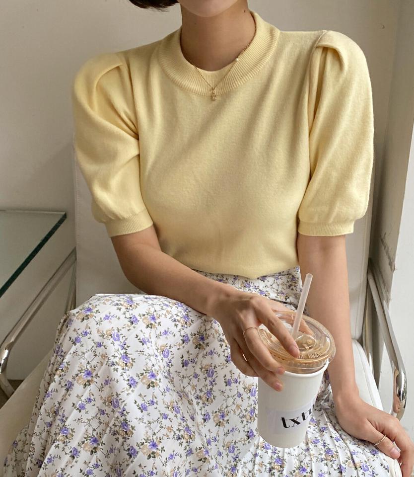 【10%OFF】ラウンド半袖パフニット・全5色・t66858 レディース 【tops】 韓国ファッション トップス ニット ラウンドネック 半袖 パフスリーブ ナチュラルライン ゆったり スリム 無地 大人 オフィスルック ガーリー カジュアル 春 秋【HS】セール