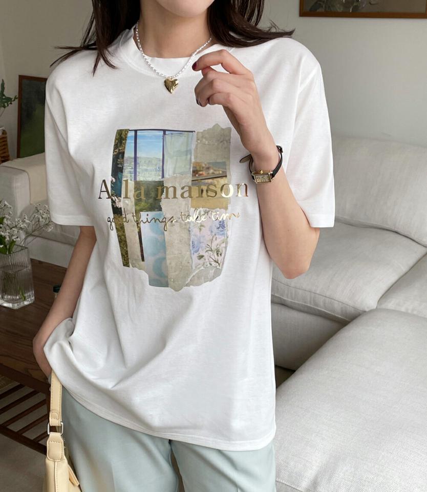 ゴールドレタリング半袖Tシャツ・全4色・b66868 レディース 【tops】 韓国ファッション トップス Tシャツ 半袖 五分袖 5分袖 ラウンドネック クルーネック ゴールドレタリング 英字 アルファベット ルーズ ゆったり シンプル ベーシック カジュアル 春 秋