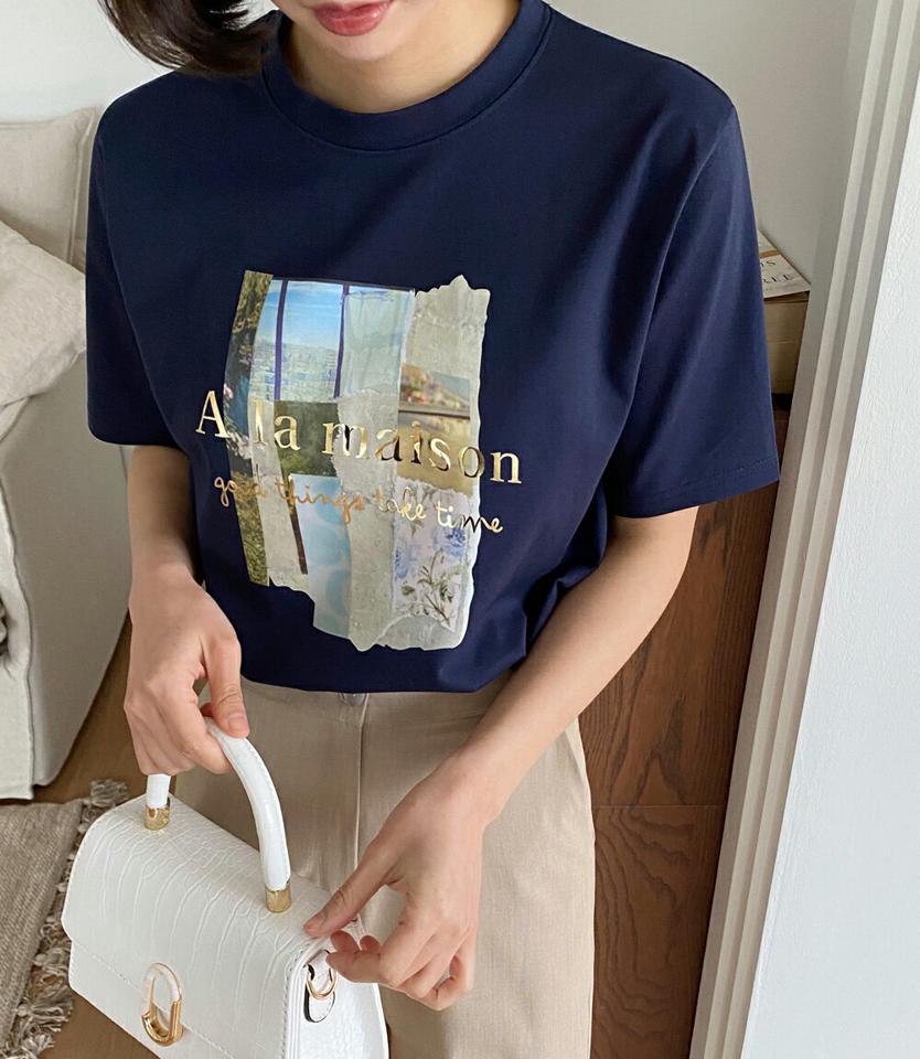 ゴールドレタリング半袖Tシャツ・全4色・b66868 レディース 【tops】 韓国ファッション トップス Tシャツ 半袖 五分袖 5分袖 ラウンドネック クルーネック ゴールドレタリング 英字 アルファベット ルーズ ゆったり シンプル ベーシック カジュアル 春 秋