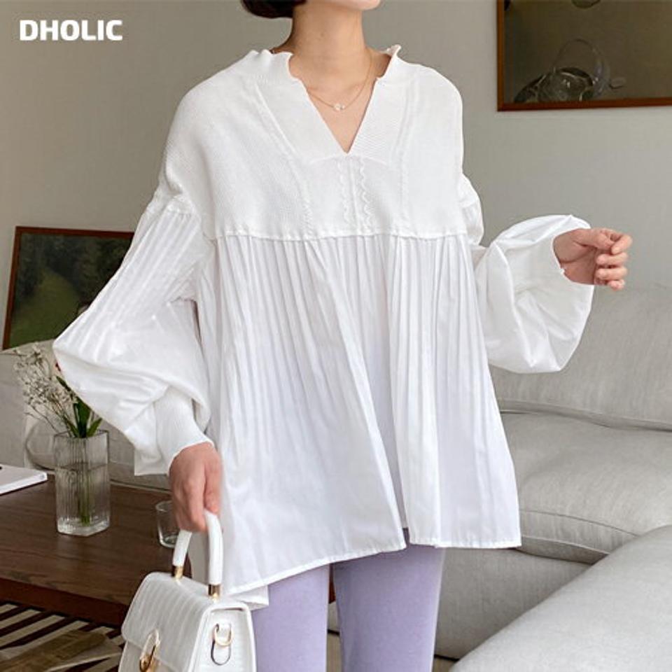 ニットコントラストプリーツブラウス・全3色・b66862 レディース 【bl】 韓国ファッション トップス ブラウス Vネック 長袖 プリーツ オーバーサイズ インしないブラウス デコラティブ フリル 異素材 体型カバー マタニティ ボリュームスリーブ 春 秋