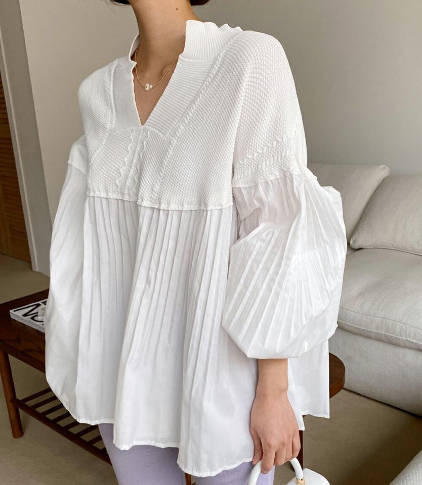 ニットコントラストプリーツブラウス・全3色・b66862 レディース 【bl】 韓国ファッション トップス ブラウス Vネック 長袖 プリーツ オーバーサイズ インしないブラウス デコラティブ フリル 異素材 体型カバー マタニティ ボリュームスリーブ 春 秋