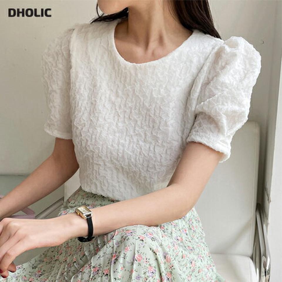 リンクルテクスチャーパフブラウス・全4色・t66863 レディース 【tops】 韓国ファッション トップス ブラウス ラウンドネック 半袖 パフスリーブ ハーフスリーブ スリム ナチュラルライン ロマンティック 大人 カジュアル 春 秋