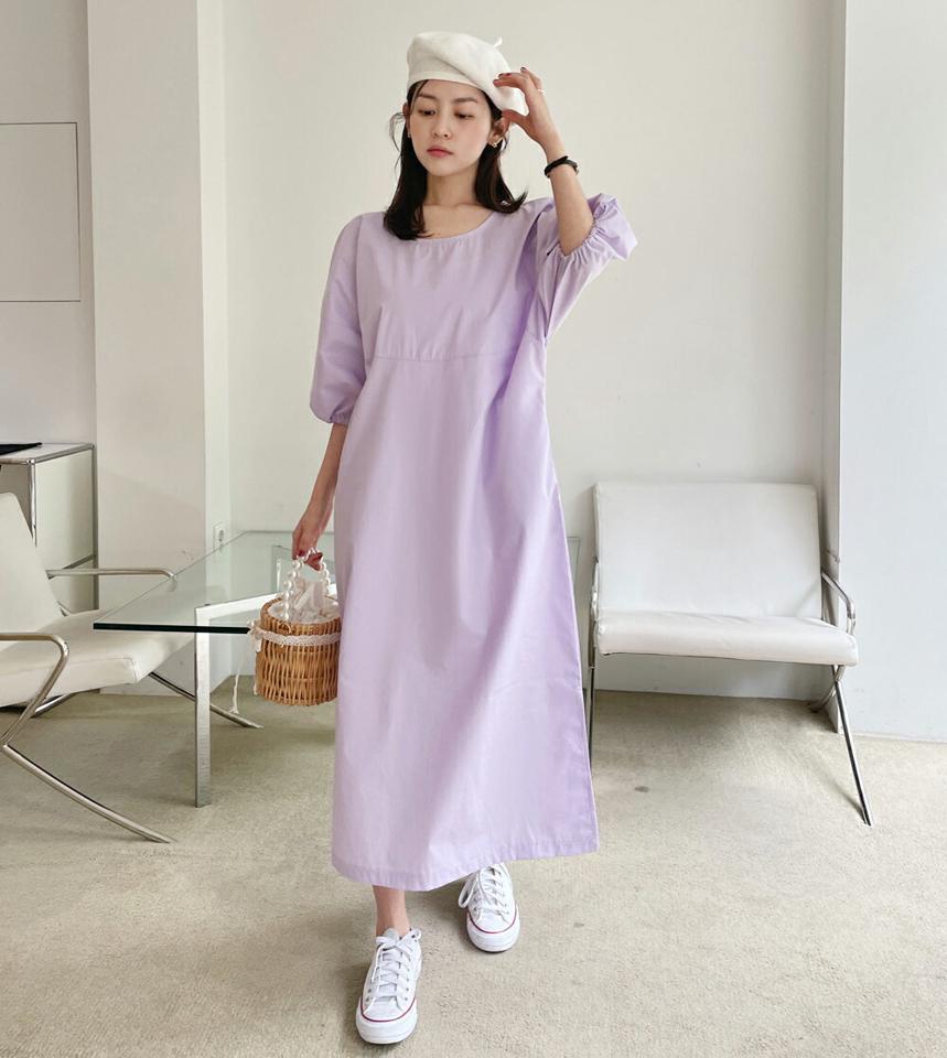 パフスリーブワンピース・全3色・t66848 レディース 【ops】 韓国ファッション ワンピース ロング丈 ロングワンピース ラウンドネック 半袖 ハーフスリーブ パフスリーブ オーバーサイズ 体型カバー ルーズ Hライン 無地 デイリー 大人 カジュアル 春 秋