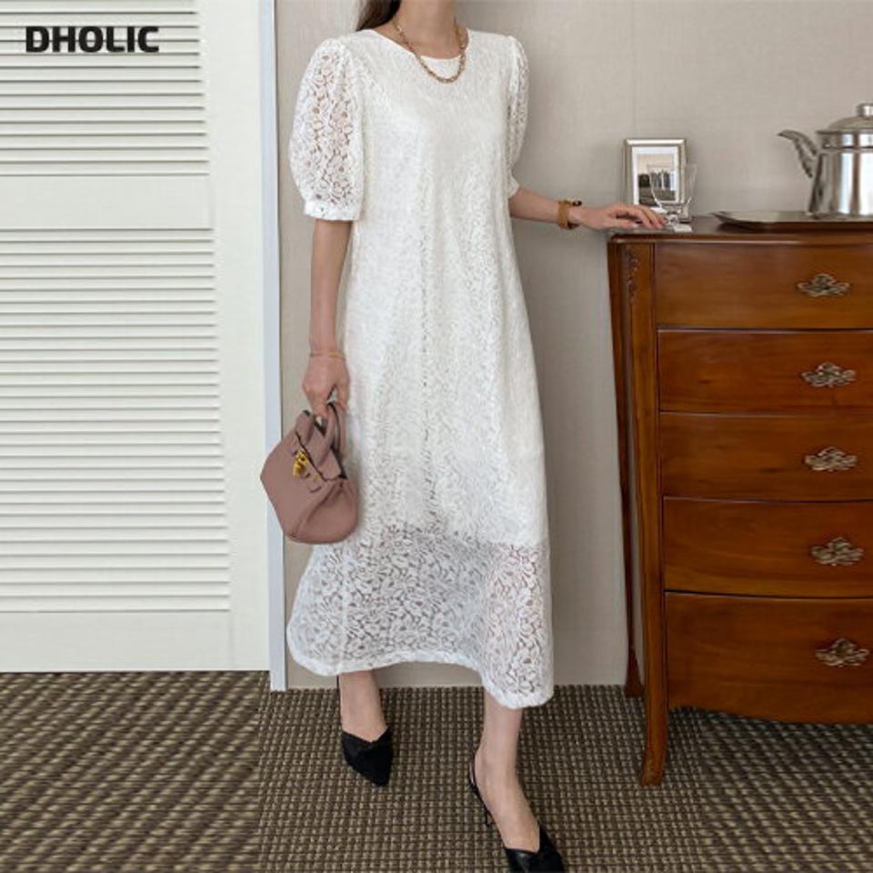 【10%OFF】レースフレアロングワンピース・全3色・b72002 レディース 【ops】ワンピース ロング丈 ロングワンピース 半袖 ハーフスリーブ レース 総レース フェミニン 大人 透け感 シースルー 上品 高級感 パフ袖 春 夏 韓国ファッション ハイホリHIHOLLI opsセール