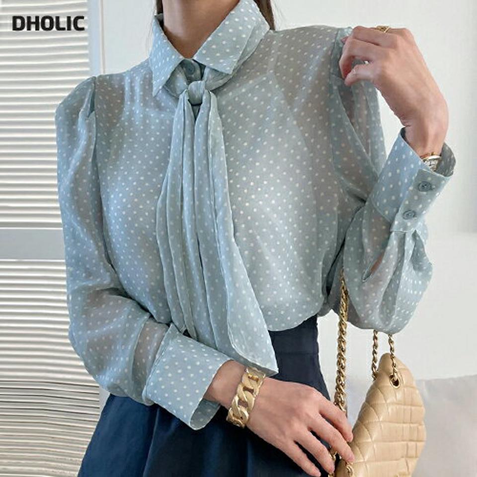 ネックストラップ付ドットシースルーブラウス・全2色・b72047 レディース 【bl】トップス ブラウス 長袖 ドット柄 透け感 シアー シースルー ボウタイ りぼん 襟コン パステル 水色 春 秋 韓国ファッション ハイホリHIHOLLI