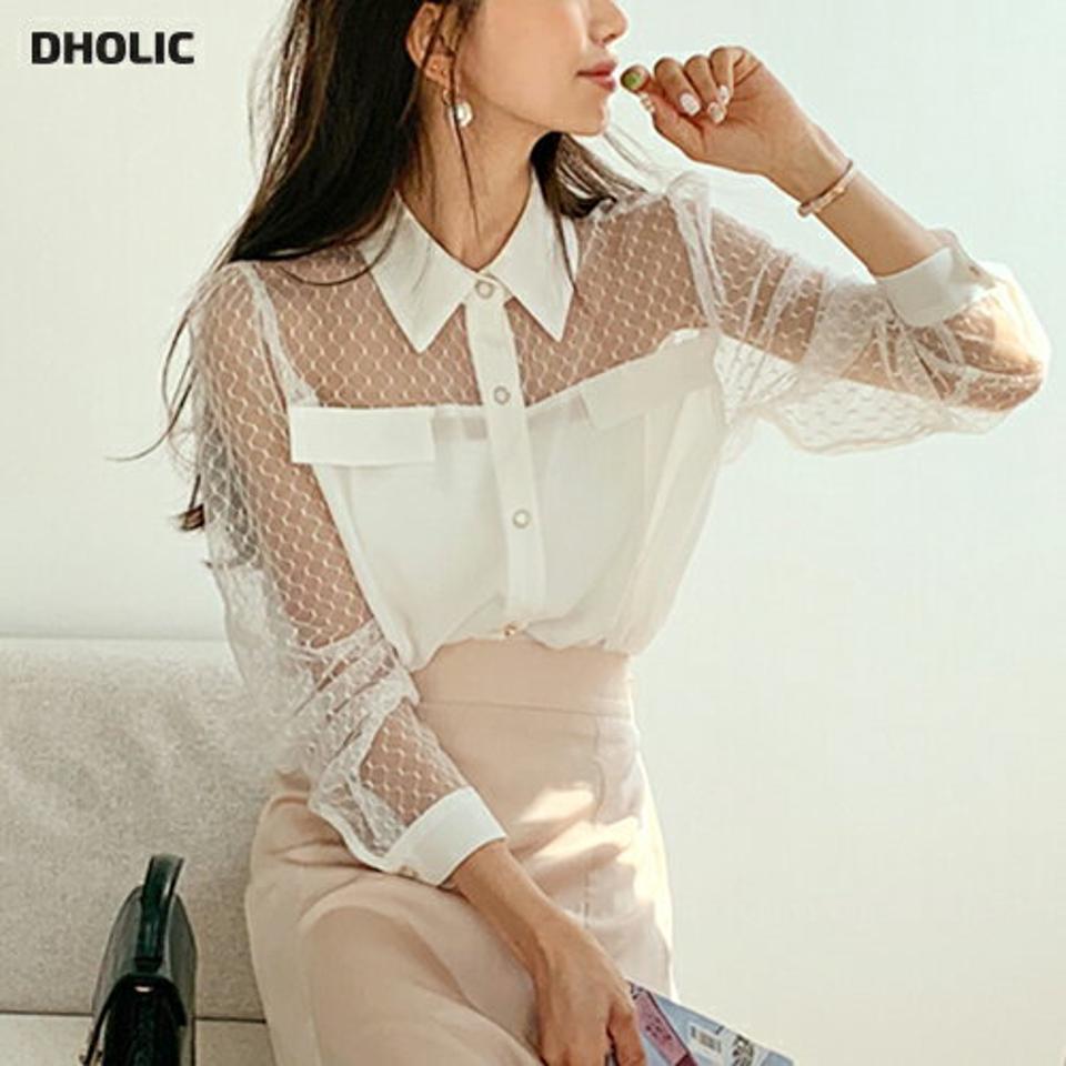 【10%OFF】レースコントラストブラウス・全3色・b00367 レディース 【bl】韓国ファッション トップス ブラウス 長袖 カラーネック レース ダイヤパターン コントラスト 透け感 クロップド丈 シンプル カジュアル フェミニン デイリー 春 秋【HS】セール