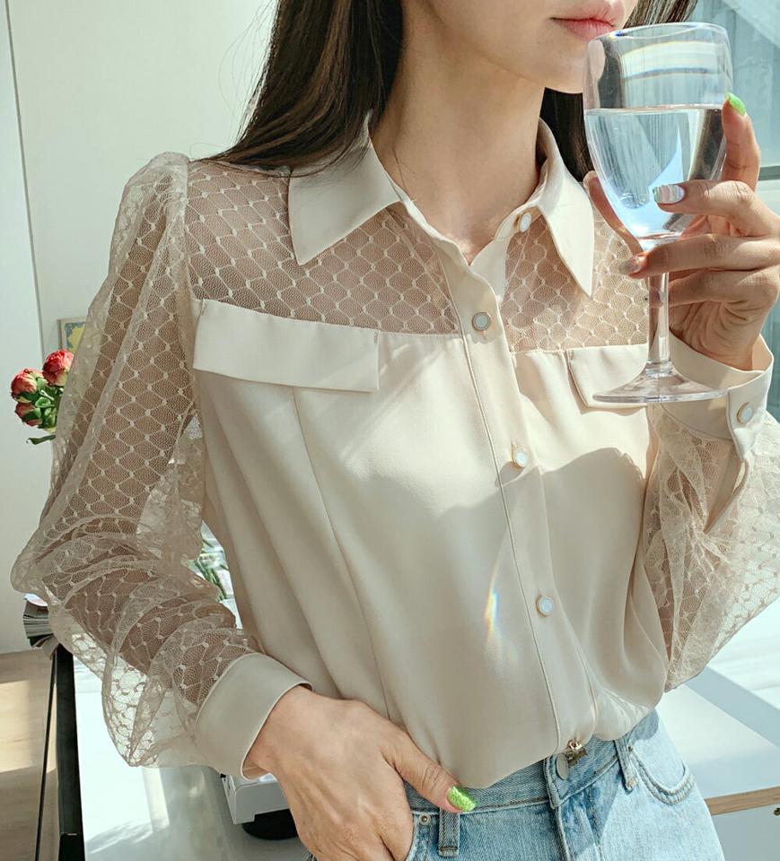 【10%OFF】レースコントラストブラウス・全3色・b00367 レディース 【bl】韓国ファッション トップス ブラウス 長袖 カラーネック レース ダイヤパターン コントラスト 透け感 クロップド丈 シンプル カジュアル フェミニン デイリー 春 秋【HS】セール