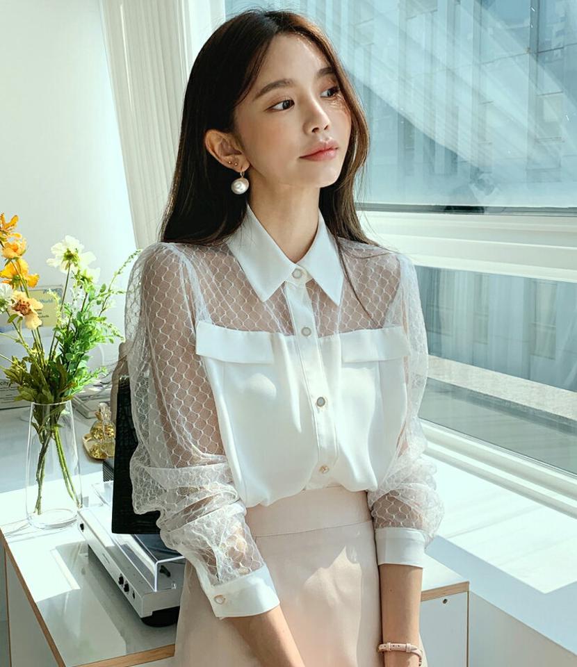 【10%OFF】レースコントラストブラウス・全3色・b00367 レディース 【bl】韓国ファッション トップス ブラウス 長袖 カラーネック レース ダイヤパターン コントラスト 透け感 クロップド丈 シンプル カジュアル フェミニン デイリー 春 秋【HS】セール