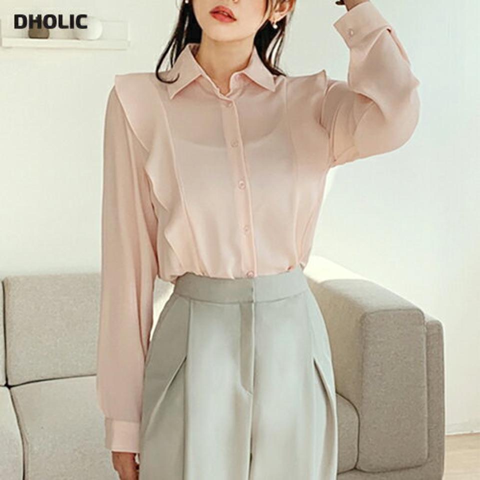 サイドラッフルカラーブラウス・全3色・b00394 レディース 【bl】韓国ファッション トップス ブラウス 長袖 カラーネック フリル カフスボタン シャツブラウス かわいい 可愛い 無地 シンプル カジュアル フェミニン 体型カバー 春 秋