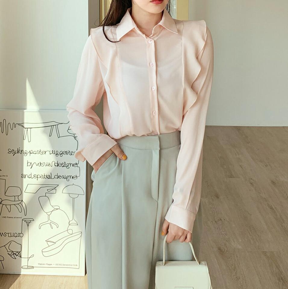 サイドラッフルカラーブラウス・全3色・b00394 レディース 【bl】韓国ファッション トップス ブラウス 長袖 カラーネック フリル カフスボタン シャツブラウス かわいい 可愛い 無地 シンプル カジュアル フェミニン 体型カバー 春 秋