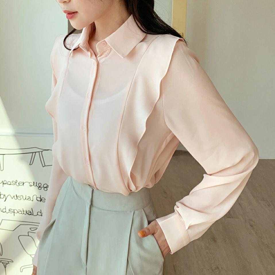 サイドラッフルカラーブラウス・全3色・b00394 レディース 【bl】韓国ファッション トップス ブラウス 長袖 カラーネック フリル カフスボタン シャツブラウス かわいい 可愛い 無地 シンプル カジュアル フェミニン 体型カバー 春 秋