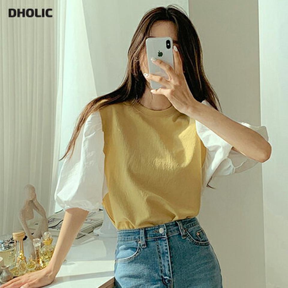 コントラストパフスリーブTシャツ・全5色・t00370 レディース 【tops】韓国ファッション トップス Tシャツ 大人 半袖 ラウンドネック コントラスト パフスリーブ かわいい 可愛い シンプル フェミニン カジュアル デイリー 夏 春 秋