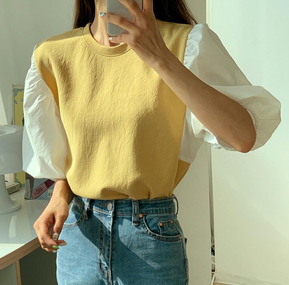 コントラストパフスリーブTシャツ・全5色・t00370 レディース 【tops】韓国ファッション トップス Tシャツ 大人 半袖 ラウンドネック コントラスト パフスリーブ かわいい 可愛い シンプル フェミニン カジュアル デイリー 夏 春 秋