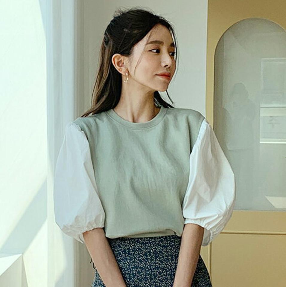 コントラストパフスリーブTシャツ・全5色・t00370 レディース 【tops】韓国ファッション トップス Tシャツ 大人 半袖 ラウンドネック コントラスト パフスリーブ かわいい 可愛い シンプル フェミニン カジュアル デイリー 夏 春 秋