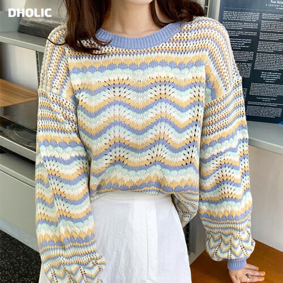 【今だけこの価格】パターンパンチングニット・全3色・b00372 レディース 【tops】韓国ファッション トップス ニット 大人 長袖 ラウンドネック パターン パンチング シアー 柄ニット ユニーク ルーズ シンプル フェミニン カジュアル デイリー 春 秋 セール