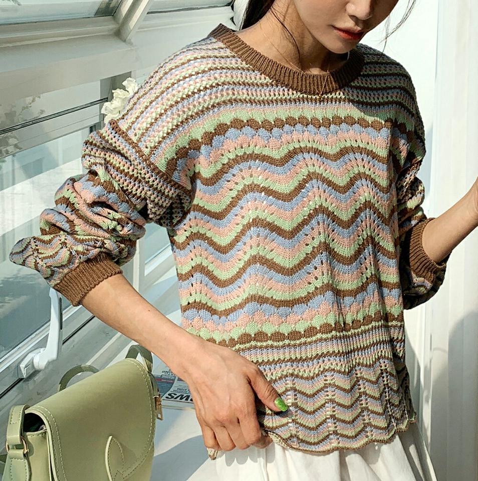 【今だけこの価格】パターンパンチングニット・全3色・b00372 レディース 【tops】韓国ファッション トップス ニット 大人 長袖 ラウンドネック パターン パンチング シアー 柄ニット ユニーク ルーズ シンプル フェミニン カジュアル デイリー 春 秋 セール