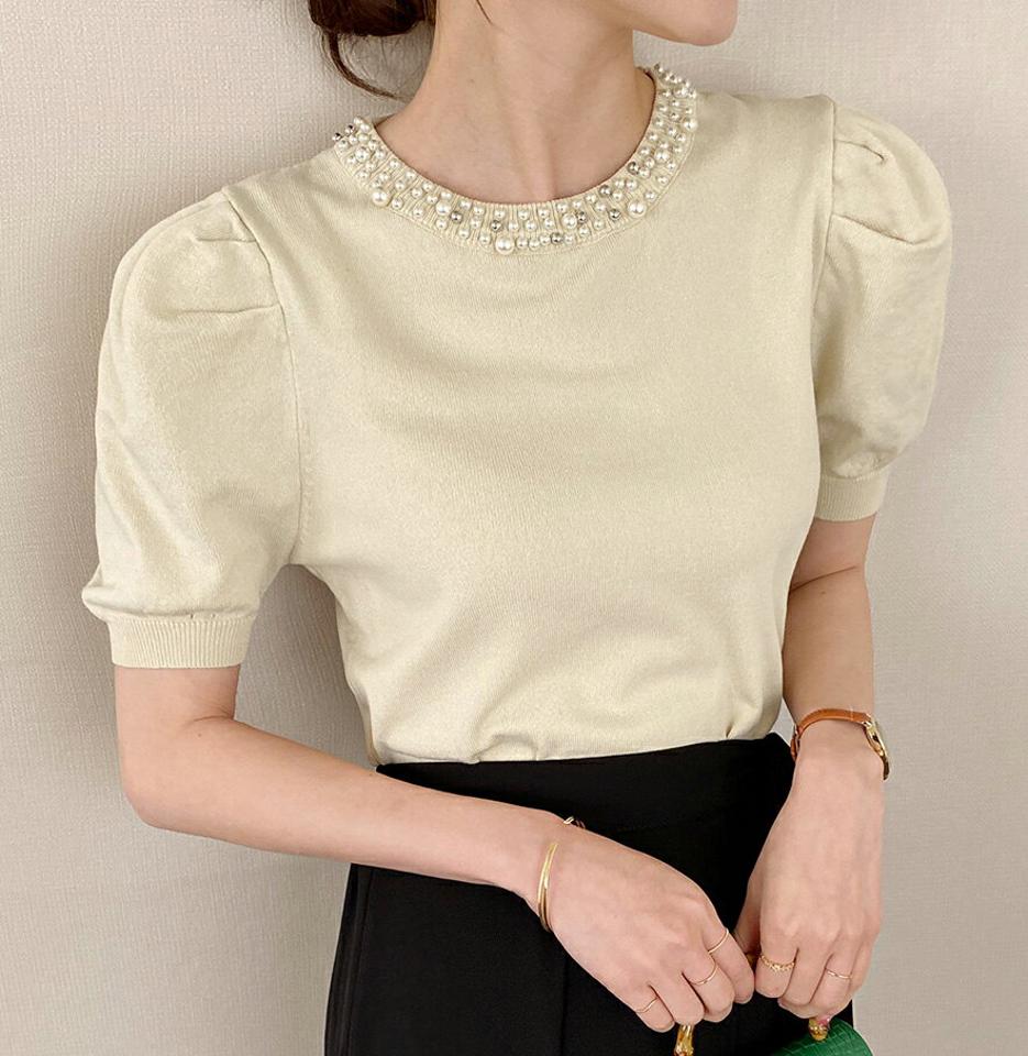 フェイクパールネックパフ半袖ニット・全3色・b71999 レディース 【tops】トップス ニット 半袖 パフ袖 パフスリーブ パール 襟コン フェミニン 高級感 大人 シンプル 春 夏 韓国ファッション ハイホリHIHOLLI