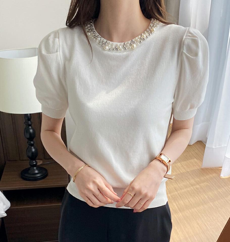 フェイクパールネックパフ半袖ニット・全3色・b71999 レディース 【tops】トップス ニット 半袖 パフ袖 パフスリーブ パール 襟コン フェミニン 高級感 大人 シンプル 春 夏 韓国ファッション ハイホリHIHOLLI