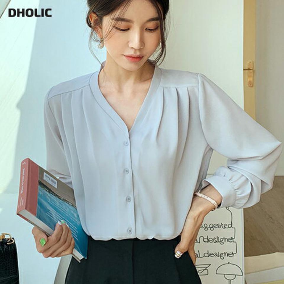 Vネックタックブラウス・全3色・t00363 レディース 【bl】韓国ファッション トップス ブラウス 長袖 Vネック ピンタック アンバランス パフスリーブ かわいい 可愛い 無地 シンプル カジュアル フェミニン デイリー 春 秋