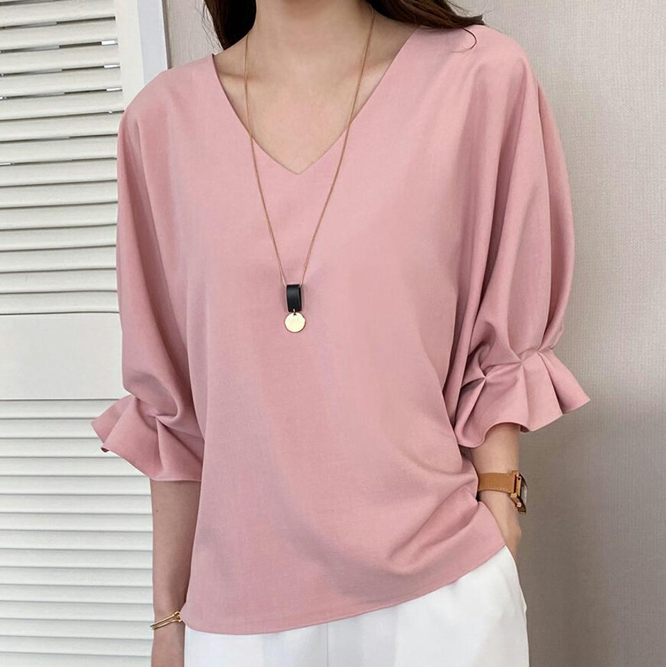 Vネックタックスリーブブラウス・全3色・e71988 レディース 【bl】トップス ブラウス 七分袖 7分袖 七分丈 7分丈 単色 無地 シンプル フェミニン 袖コン 大人 きれいめ 春 秋 韓国ファッション ハイホリHIHOLLI