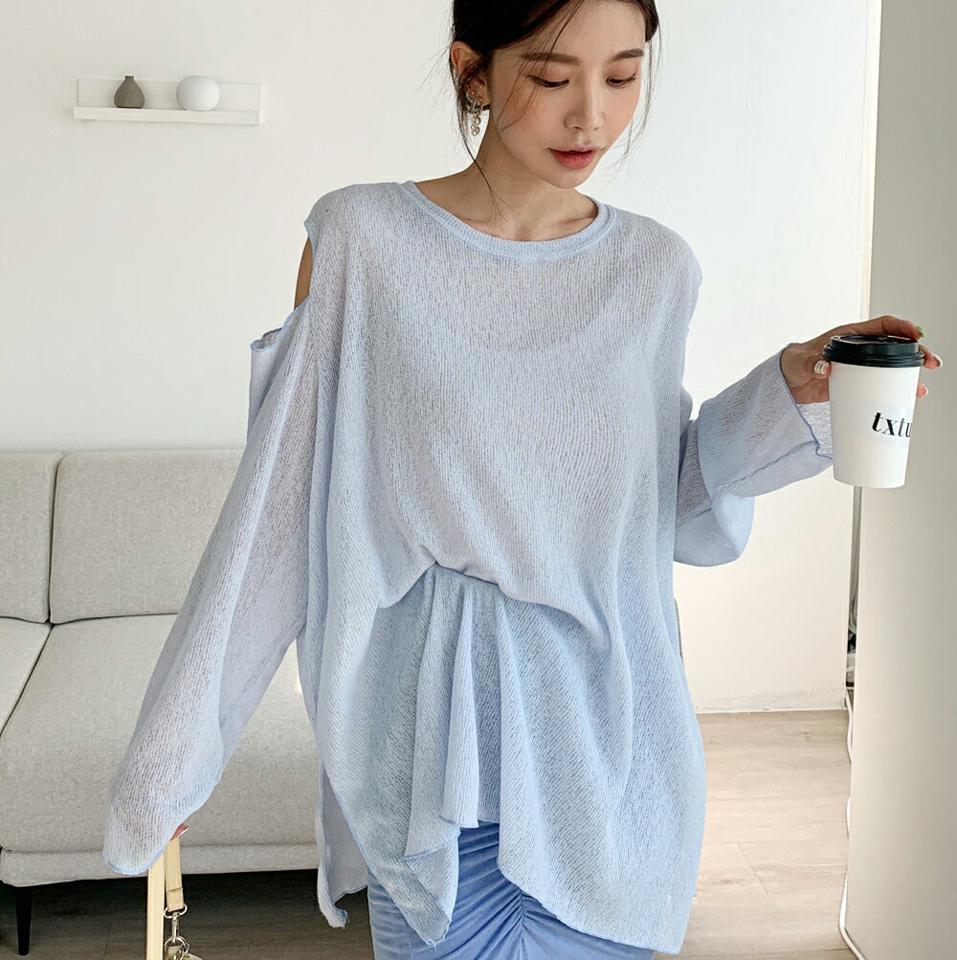 ショルダースリットルーズニット・全4色・t00369 レディース 【tops】韓国ファッション トップス ニット 大人 長袖 ラウンドネック オープンショルダー ショルダースリット ルーズ 無地 シンプル フェミニン カジュアル デイリー 春 秋