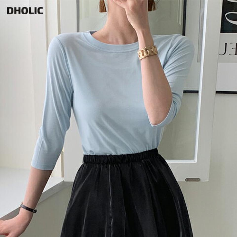 7分袖ロングTシャツ・全7色・b71995 レディース 【tops】トップス Tシャツ 七分袖 7分丈 七分丈 単色 無地 シンプル ベーシック ラウンドネック スリム カジュアル 水色　春 秋 韓国ファッション ハイホリHIHOLLI