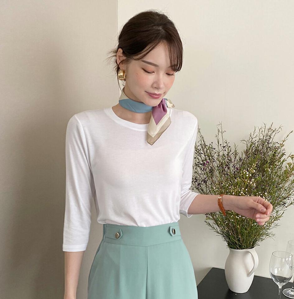 7分袖ロングTシャツ・全7色・b71995 レディース 【tops】トップス Tシャツ 七分袖 7分丈 七分丈 単色 無地 シンプル ベーシック ラウンドネック スリム カジュアル 水色　春 秋 韓国ファッション ハイホリHIHOLLI