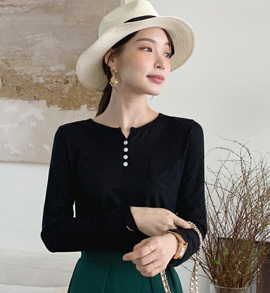 フェイクボタンリブTシャツ・全4色・b71998 レディース 【tops】トップス Tシャツ 長袖 リブトップス ボタン ポケット 単色 シンプル カジュアル ラフ ヘンリーネック風 春 秋 韓国ファッション ハイホリHIHOLLI