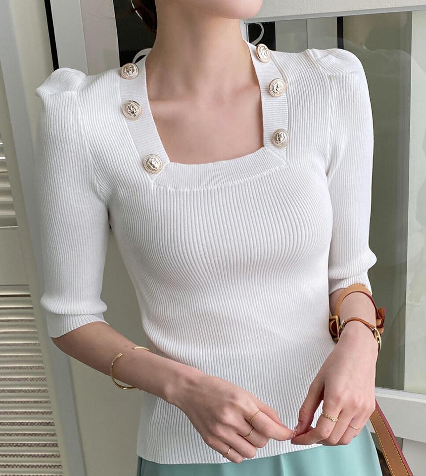 【タイム特価】スクエアネックボタンスリムニット・全2色・b72022 レディース 【tops】トップス ニット 七分袖 七分丈 7分袖 7分丈 スクエアネック デコルテ シンプル リブトップス カジュアル ゴールドボタン スリム 春 秋 韓国ファッション ハイホリHIHOLLI【TS】セール