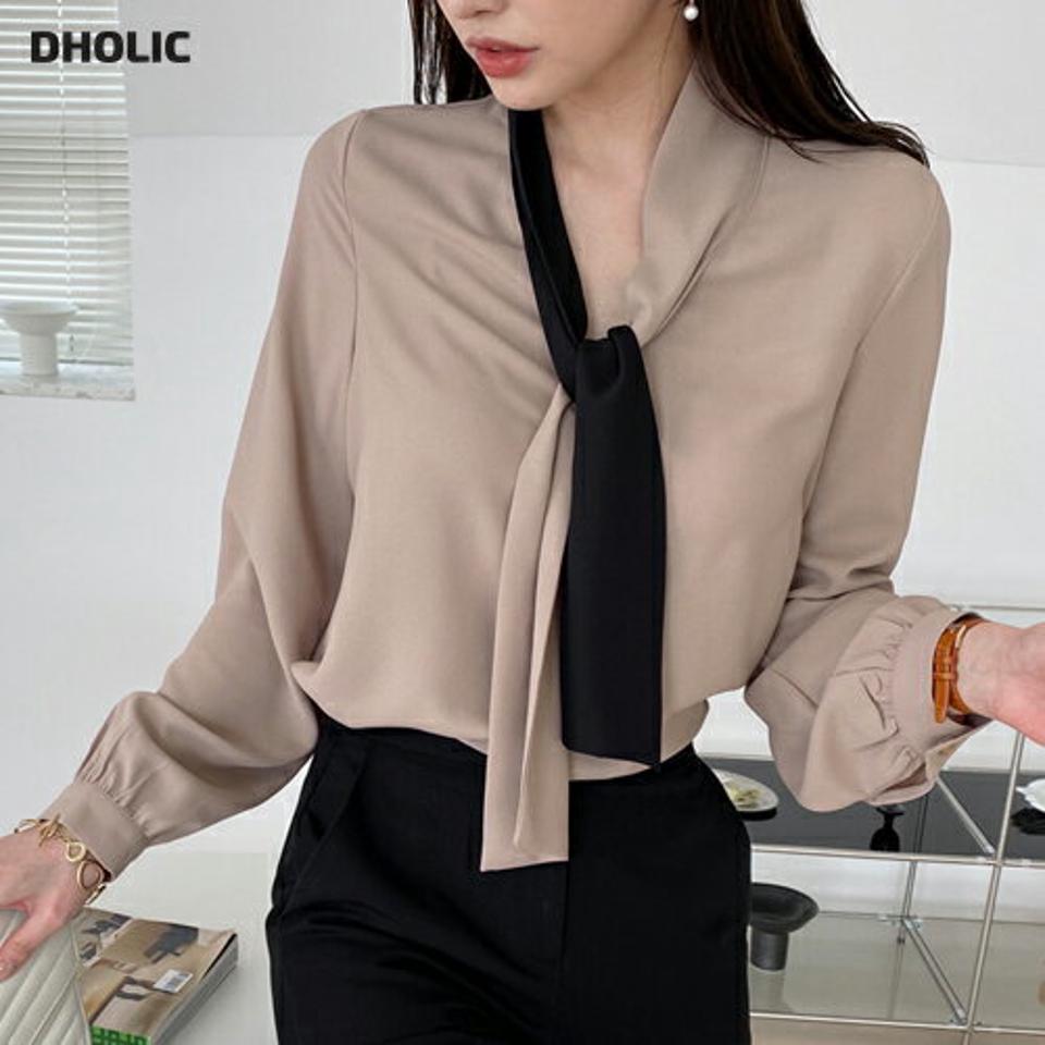 ≪人気商品再入荷≫配色リボンブラウス・全2色・e72020 レディース 【bl】トップス ブラウス 長袖 ボウタイ りぼん 配色 大人 シック モダン きれいめ オフィスカジュアル 上品 春 秋 韓国ファッション ハイホリHIHOLLI