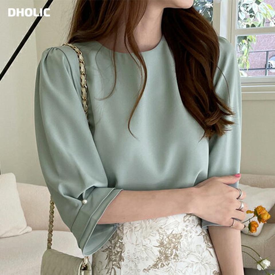 ≪人気商品再入荷≫ティアードスリーブブラウス・全5色・e72024 レディース 【bl】トップス ブラウス 七分袖 7分袖 パールボタン パステル 単色 無地 シンプル フェミニン 大人 きれいめ 上品 オフィス 緑 春 秋 韓国ファッション ハイホリHIHOLLI