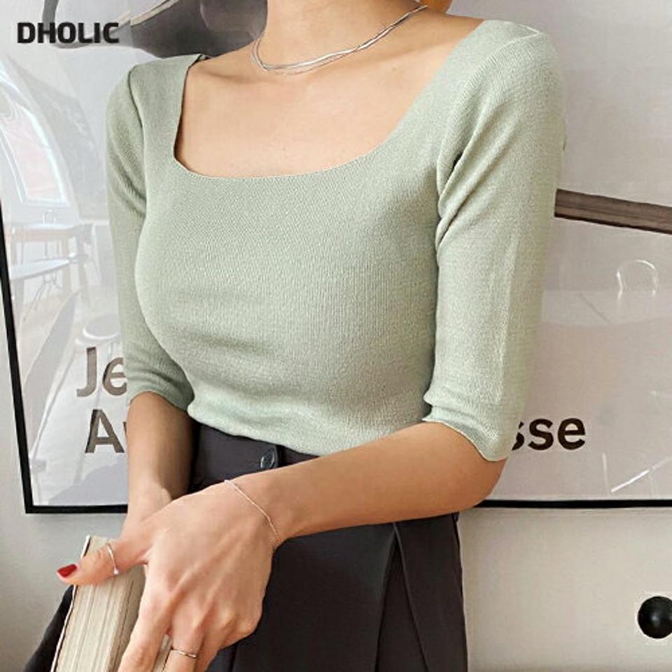 スクエアスリムニット・全5色・t66443 レディース 【tops】韓国ファッション トップス ニット 大人 半袖 スクエアネック スリム ハーフスリーブ 無地 シンプル フェミニン カジュアル デイリー 夏 春 秋