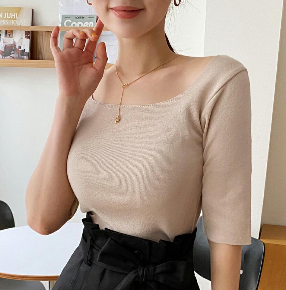 スクエアスリムニット・全5色・t66443 レディース 【tops】韓国ファッション トップス ニット 大人 半袖 スクエアネック スリム ハーフスリーブ 無地 シンプル フェミニン カジュアル デイリー 夏 春 秋