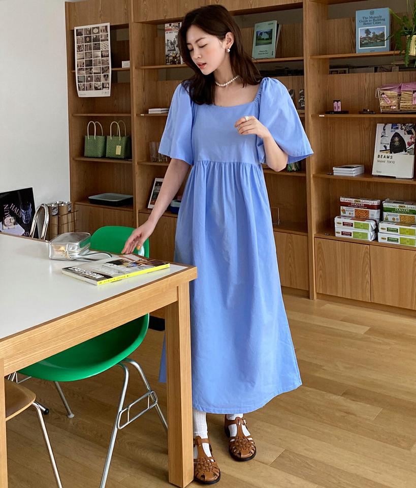 2WAYフレアスリーブワンピース・全4色・b66454 レディース 【ops】韓国ファッション ワンピース ロング ロングワンピース 半袖 スクエアネック オフショル フレアスリーブ ギャザー 体型カバー ロング丈 シンプル フェミニン 二の腕カバー 夏 春 秋
