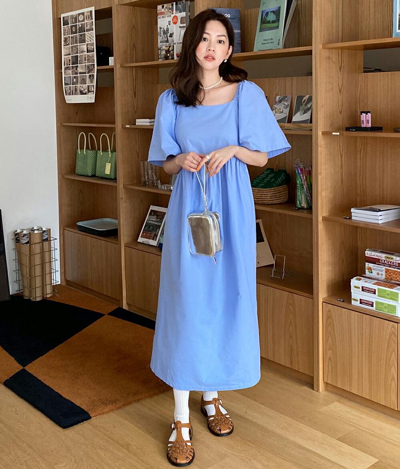 2WAYフレアスリーブワンピース・全4色・b66454 レディース 【ops】韓国ファッション ワンピース ロング ロングワンピース 半袖 スクエアネック オフショル フレアスリーブ ギャザー 体型カバー ロング丈 シンプル フェミニン 二の腕カバー 夏 春 秋