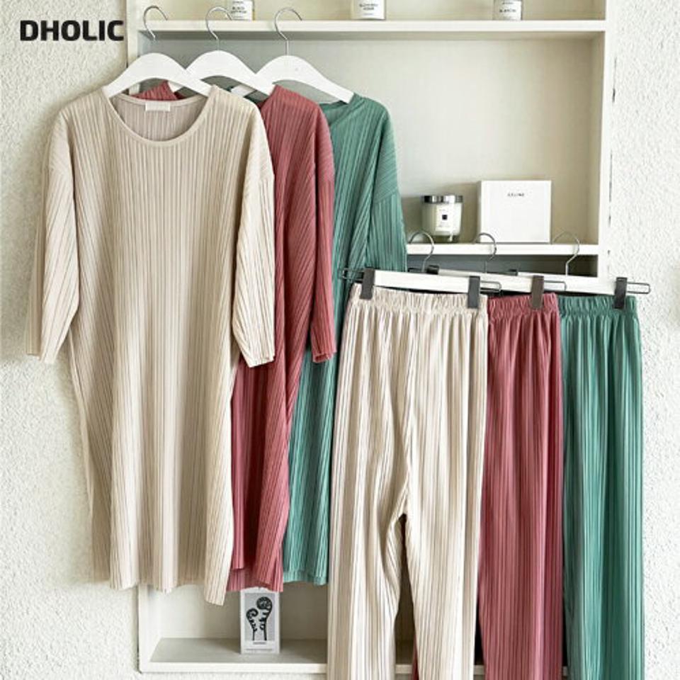 プリーツロングTシャツ&パンツSET・全4色・b66459 レディース 【pt】韓国ファッション ボトムス ロング ロングパンツ Tシャツ セットアップ 7分袖 体型カバー プリーツ ハイウエスト ピンク ワイド 黄緑 無地 シンプル カラーパンツ カジュアル 春 秋