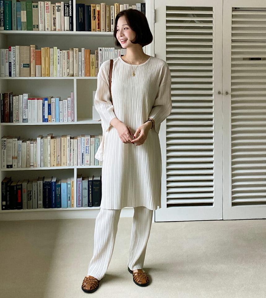 プリーツロングTシャツ&パンツSET・全4色・b66459 レディース 【pt】韓国ファッション ボトムス ロング ロングパンツ Tシャツ セットアップ 7分袖 体型カバー プリーツ ハイウエスト ピンク ワイド 黄緑 無地 シンプル カラーパンツ カジュアル 春 秋