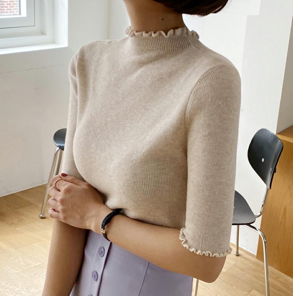 メロウ半袖ニット・全3色・t66446 レディース 【tops】韓国ファッション トップス ニット 大人 半袖 ハーフネック メロウヘム フリル ウール混 無地 シンプル フェミニン カジュアル デイリー 夏 春 秋