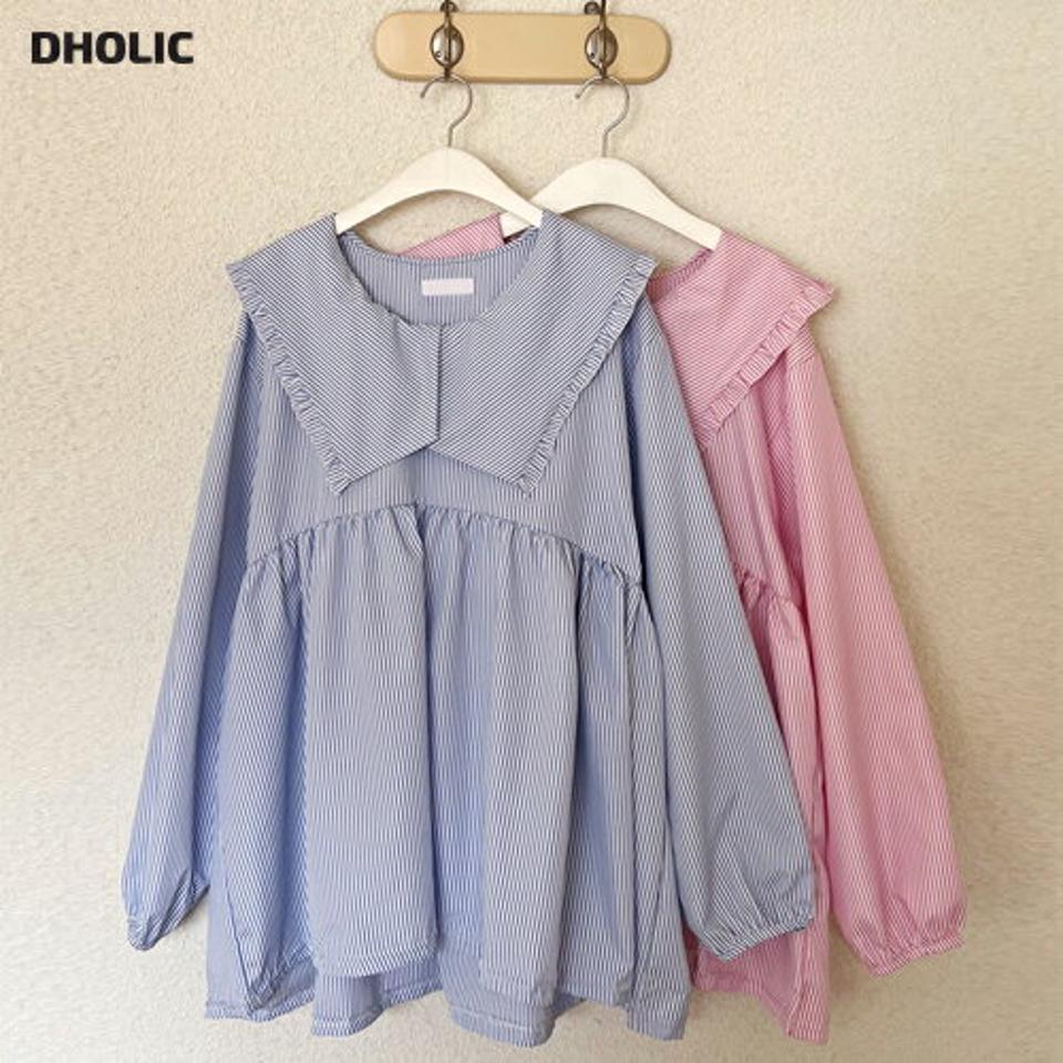 ビッグカラーストライプブラウス・全2色・t66445 レディース 【bl】韓国ファッション トップス ブラウス 長袖 カラーネック ビッグカラー ストライプ ギャザー シンプル ルーズ カジュアル フェミニン デイリー 春 秋