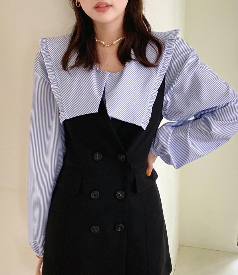 ビッグカラーストライプブラウス・全2色・t66445 レディース 【bl】韓国ファッション トップス ブラウス 長袖 カラーネック ビッグカラー ストライプ ギャザー シンプル ルーズ カジュアル フェミニン デイリー 春 秋