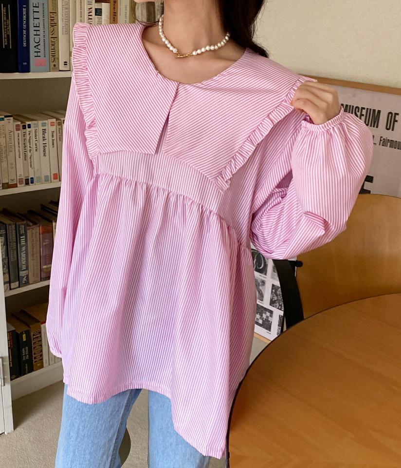 ビッグカラーストライプブラウス・全2色・t66445 レディース 【bl】韓国ファッション トップス ブラウス 長袖 カラーネック ビッグカラー ストライプ ギャザー シンプル ルーズ カジュアル フェミニン デイリー 春 秋