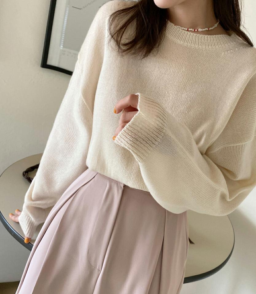ルーズフィットアンバランスニット・全4色・b66448 レディース 【tops】韓国ファッション トップス ニット 大人 長袖 ラウンドネック アンバランス ルーズ 無地 ベーシック シンプル フェミニン カジュアル デイリー 春 秋