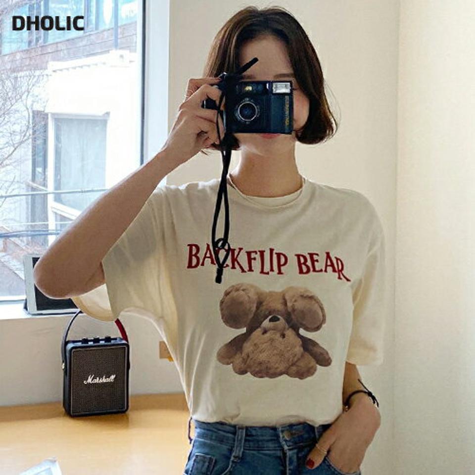 ベアプリント半袖Tシャツ・全3色・t66442 レディース 【tops】韓国ファッション トップス Tシャツ 大人 半袖 ラウンドネック ベアプリント レタリング ロゴ かわいい 可愛い シンプル フェミニン カジュアル デイリー 夏 春 秋