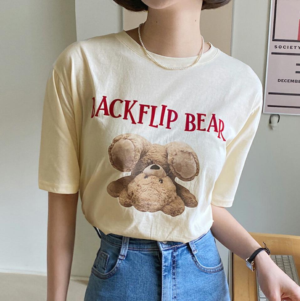ベアプリント半袖Tシャツ・全3色・t66442 レディース 【tops】韓国ファッション トップス Tシャツ 大人 半袖 ラウンドネック ベアプリント レタリング ロゴ かわいい 可愛い シンプル フェミニン カジュアル デイリー 夏 春 秋