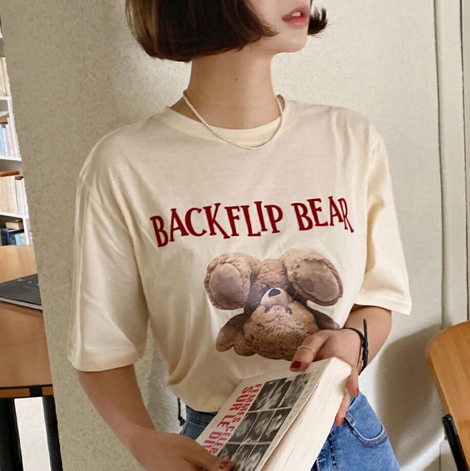 ベアプリント半袖Tシャツ・全3色・t66442 レディース 【tops】韓国ファッション トップス Tシャツ 大人 半袖 ラウンドネック ベアプリント レタリング ロゴ かわいい 可愛い シンプル フェミニン カジュアル デイリー 夏 春 秋