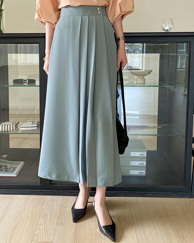 ボタンプリーツラップワイドパンツ・全4色・b71857 レディース 【pt】パンツ ズボン ロングパンツ ワイドパンツ プリーツ 単色 無地 シンプル 水色 カラーパンツ 大人 カジュアル タック ハイウエスト 春 秋 韓国ファッション ハイホリHIHOLLI