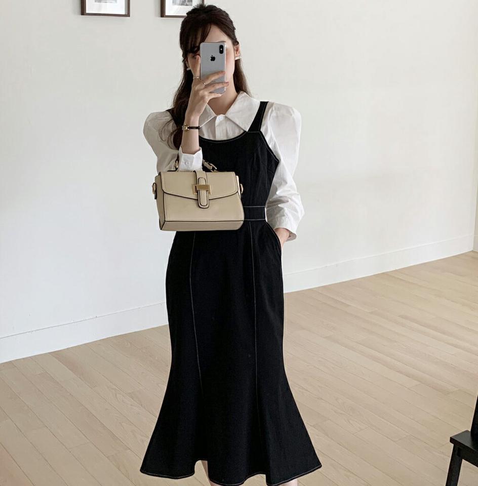 シャツ&ステッチマーメイドワンピースSET・全2色・b71850 レディース 【ops】ワンピース ロングワンピース シャツ セット 長袖 ステッチ マーメイド ロング丈 無地 シンプル フェミニン 春 秋 韓国ファッション ハイホリHIHOLLI